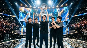 T1 als erfolgreichstes League-of-Legends-Team mit der Weltmeisterschaftstrophäe
