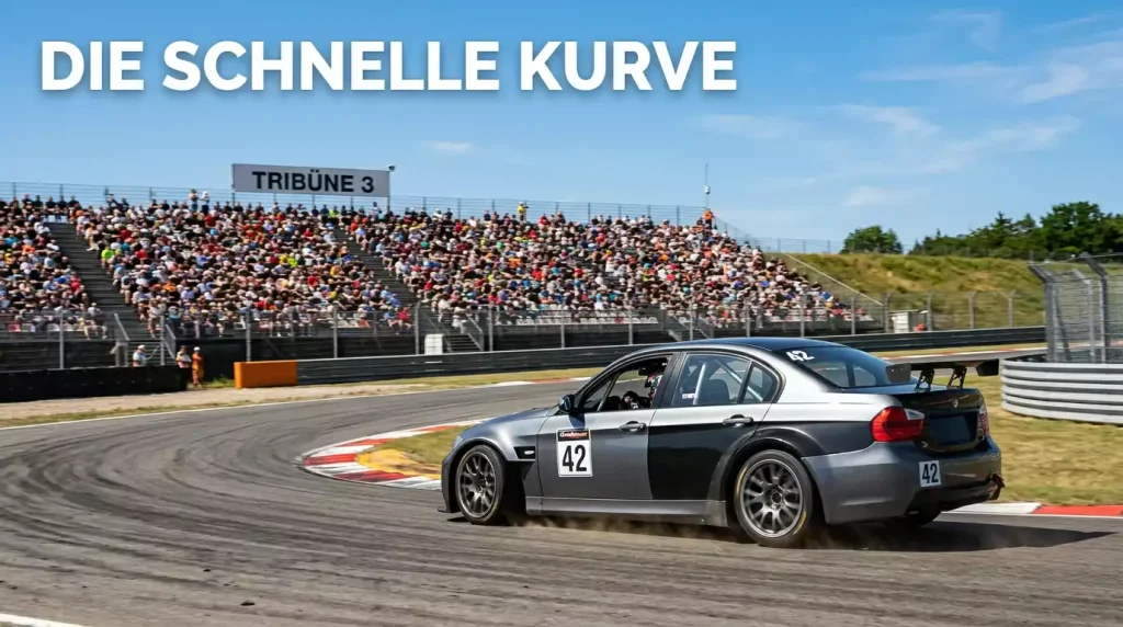 DTM-Rennwagen auf dem Nürburgring mit Zuschauertribüne im Hintergrund