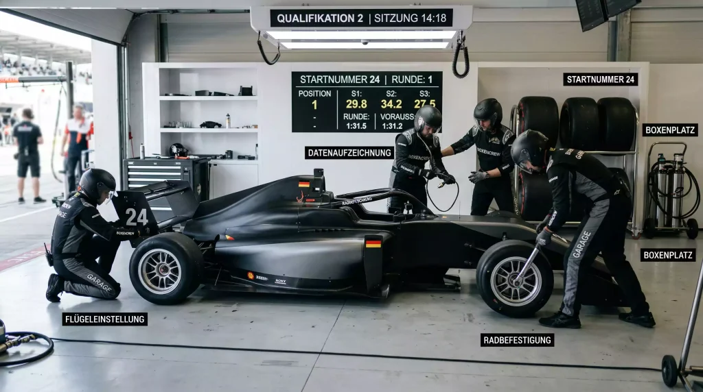 Formel-1-Fahrzeug in der Boxengasse vor dem Qualifying mit Mechanikern
