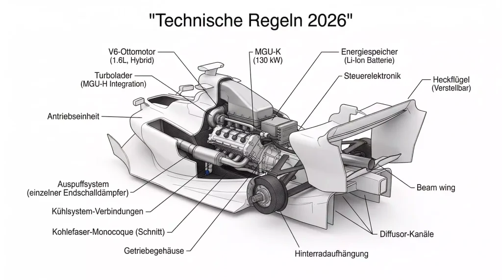 Technische Zeichnung eines F1-Motors 2026 mit aerodynamischen Elementen