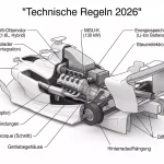 Technische Zeichnung eines F1-Motors 2026 mit aerodynamischen Elementen