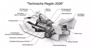 Technische Zeichnung eines F1-Motors 2026 mit aerodynamischen Elementen