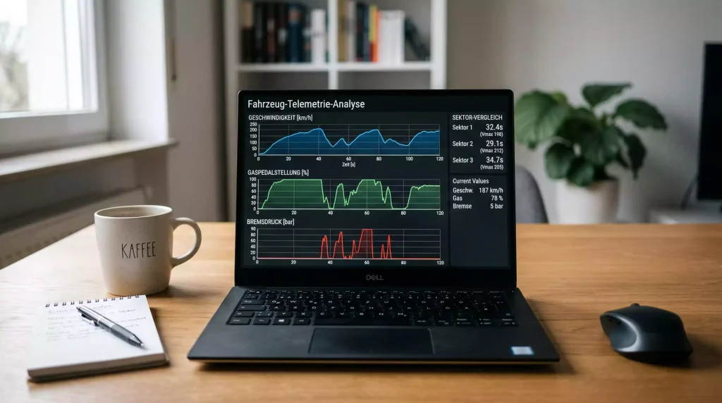 Laptop mit F1-Telemetrie-Daten und Sektorzeiten-Grafik