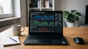 Laptop mit F1-Telemetrie-Daten und Sektorzeiten-Grafik