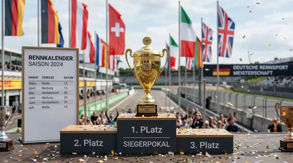 Formel-1-WM-Pokal mit Flaggen und Saisonkalender im Hintergrund