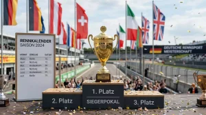 Formel-1-WM-Pokal mit Flaggen und Saisonkalender im Hintergrund