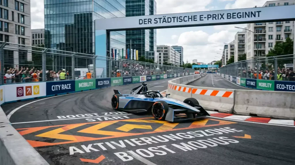 Formel-E-Rennwagen auf einem engen Stadtkurs mit Attack-Mode-Zone im Hintergrund