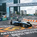Formel-E-Rennwagen auf einem engen Stadtkurs mit Attack-Mode-Zone im Hintergrund