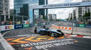 Formel-E-Rennwagen auf einem engen Stadtkurs mit Attack-Mode-Zone im Hintergrund