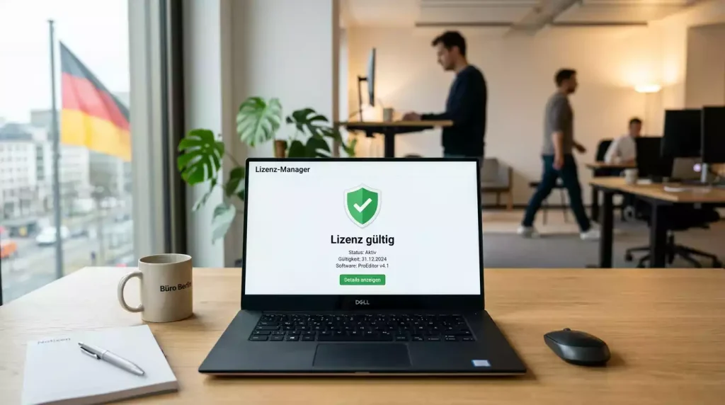 GGL-Lizenzlogo auf einem Computerbildschirm mit deutscher Flagge im Hintergrund
