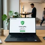 GGL-Lizenzlogo auf einem Computerbildschirm mit deutscher Flagge im Hintergrund