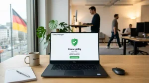 GGL-Lizenzlogo auf einem Computerbildschirm mit deutscher Flagge im Hintergrund