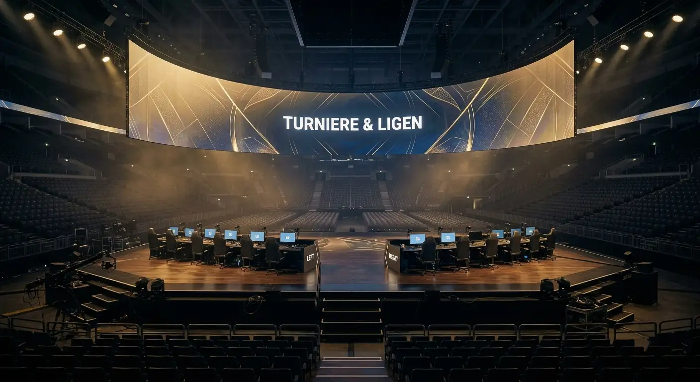 Bühne eines internationalen League-of-Legends-Turniers mit Worlds- und MSI-Beschilderung