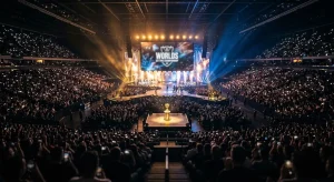 Bühne der League-of-Legends-Weltmeisterschaft mit Pokal und konkurrierenden Teams
