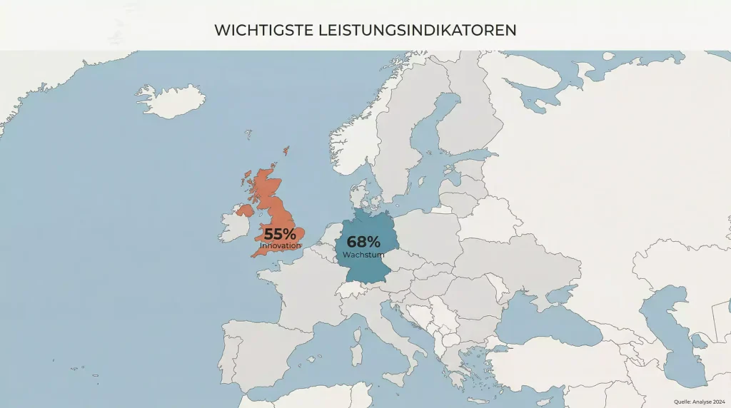 Europakarte mit Deutschland und UK hervorgehoben und Prozentanzeige