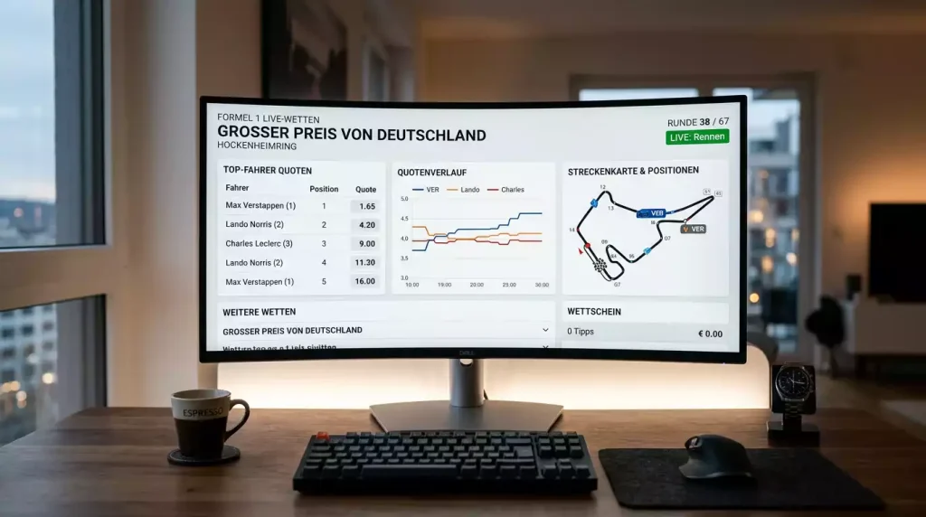 Bildschirm mit Live-Wettquoten während eines Formel-1-Rennens mit Safety Car auf der Strecke