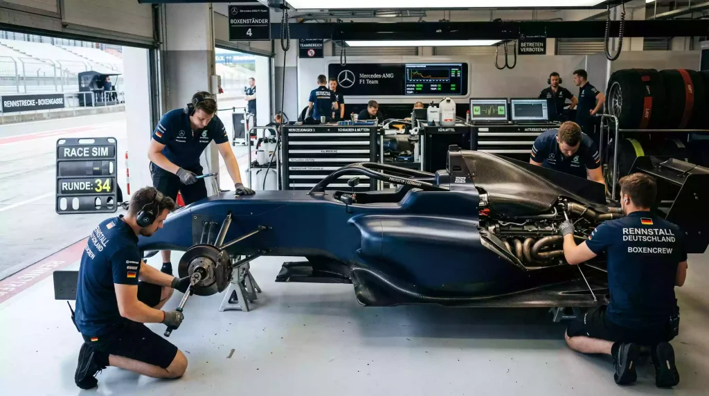 Formel-1-Fahrzeug mit Sponsor-Logos auf der Karosserie in der Boxengasse