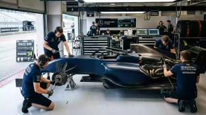 Formel-1-Fahrzeug mit Sponsor-Logos auf der Karosserie in der Boxengasse