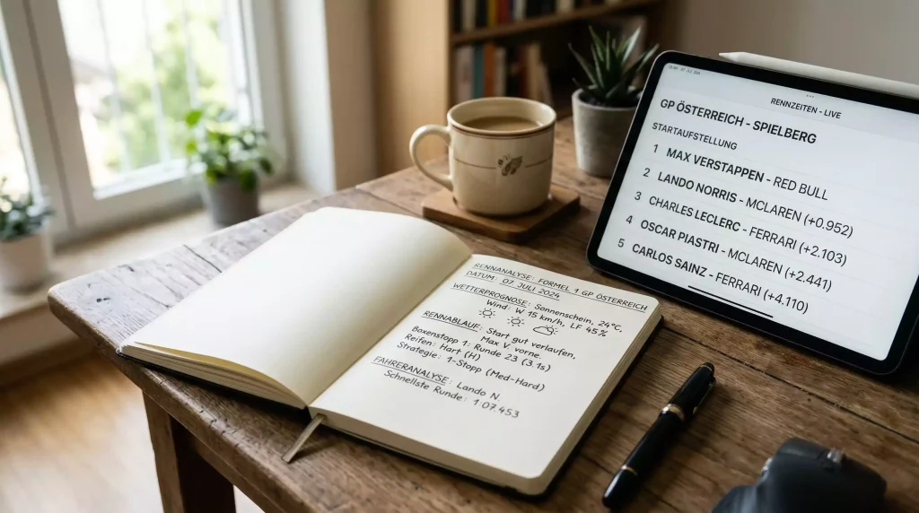 Notebook mit Rennanalyse-Daten und Wetterbericht neben einem Motorsport-Bildschirm