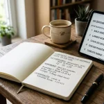 Notebook mit Rennanalyse-Daten und Wetterbericht neben einem Motorsport-Bildschirm