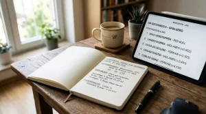 Notebook mit Rennanalyse-Daten und Wetterbericht neben einem Motorsport-Bildschirm