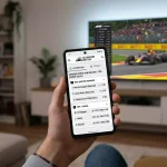 Smartphone mit Motorsport-Wett-App und Live-Quoten neben einer Rennstrecke