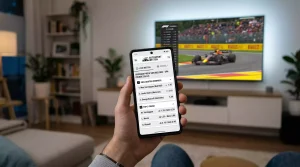 Smartphone mit Motorsport-Wett-App und Live-Quoten neben einer Rennstrecke
