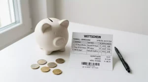 Sparschwein neben einem Wettschein und einem Taschenrechner