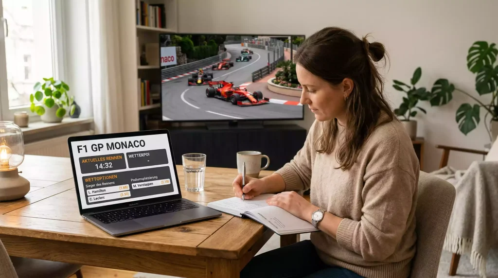 Person am Laptop mit Wettseite und Formel-1-Rennen auf dem Fernseher
