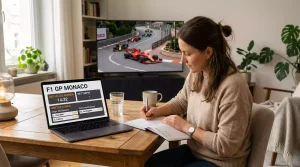 Person am Laptop mit Wettseite und Formel-1-Rennen auf dem Fernseher
