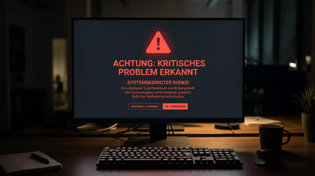 Warnschild mit Ausrufezeichen vor einem dunklen Computerbildschirm