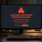 Warnschild mit Ausrufezeichen vor einem dunklen Computerbildschirm