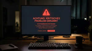 Warnschild mit Ausrufezeichen vor einem dunklen Computerbildschirm