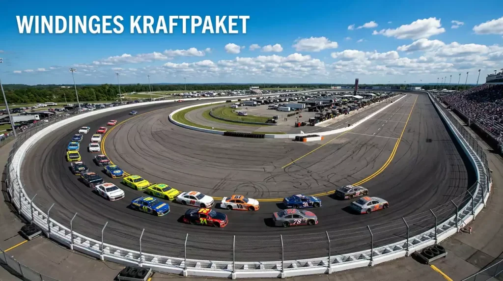 NASCAR-Fahrzeuge im engen Feld auf einem Oval-Kurs bei einem Cup-Series-Rennen