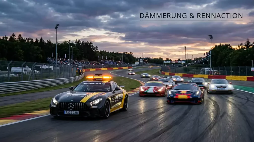 Formel-1-Safety-Car vor dem Feld auf einer Rennstrecke bei Dämmerung