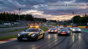 Formel-1-Safety-Car vor dem Feld auf einer Rennstrecke bei Dämmerung