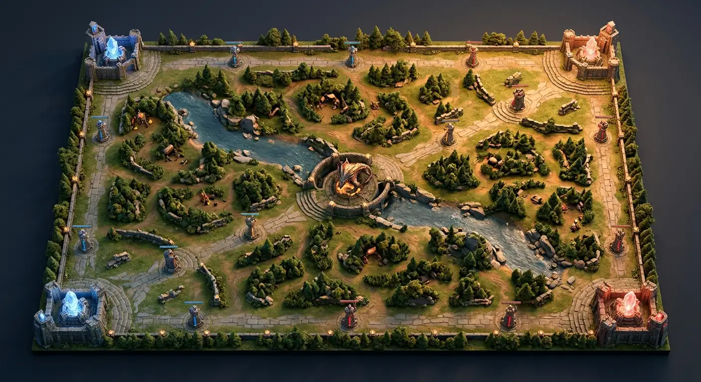Summoner's Rift mit drei Lanes, Dschungel und neutralen Objektiven als Grundlage jeder LoL-Wette