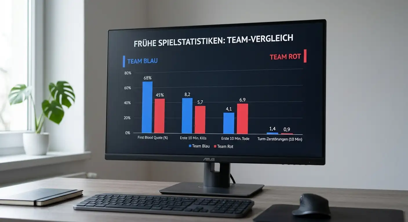 Vergleich der First-Blood-Raten zweier Teams auf einem Statistikmonitor