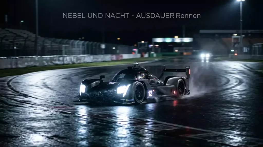 Hypercar-Prototyp bei den 24 Stunden von Le Mans in der Nacht mit Scheinwerferlicht
